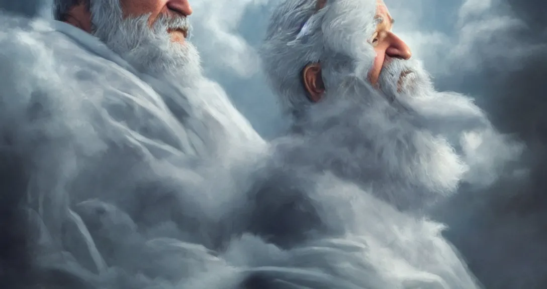 Image similar to robin williams is god, white beard, clouds, heaven, blue eyes, white robe, intricate, detailed, volumetric lighting, scenery, digital painting, highly detailed, artstation, sharp focus,, alex ross, ruan jia, steve mccurry