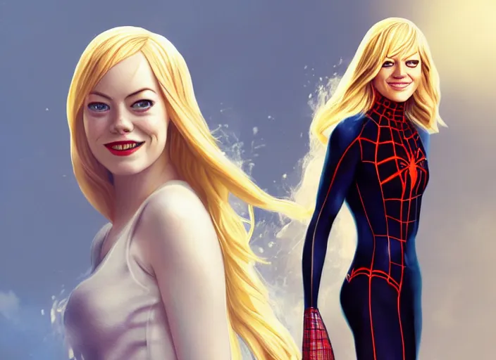 Image similar to Emma stone is gwen stacy spider man, spider woman, Emma stone with blond hair, blond, full body photo, in gwen stacy spider suit, posing for camera, cinematic, epic, action pose, hyper realism, artstation, 8k, photoshoot