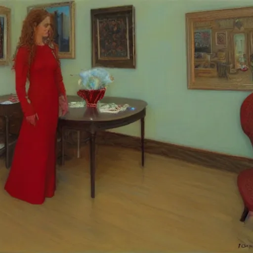 Prompt: woman wearing red, in a white room, by donato giancola.