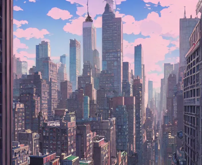 Prompt: New York city, peaceful and serene, incredible perspective, soft lighting, anime scenery by Makoto Shinkai and studio ghibli, very detailed