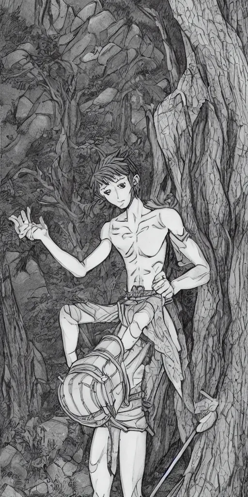 Image similar to an wood elf boy getting ready for an high fantasy adventure on the mountain side, anime style, tarot card, Tarot card the fool, fine line work