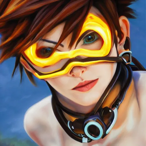 prompthunt: oil painting of tracer overwatch in a field wearing large  leather belt choker around neck, in style of mark arian, expressive face,  detailed face, detailed eyes, full body, feminine face, tracer