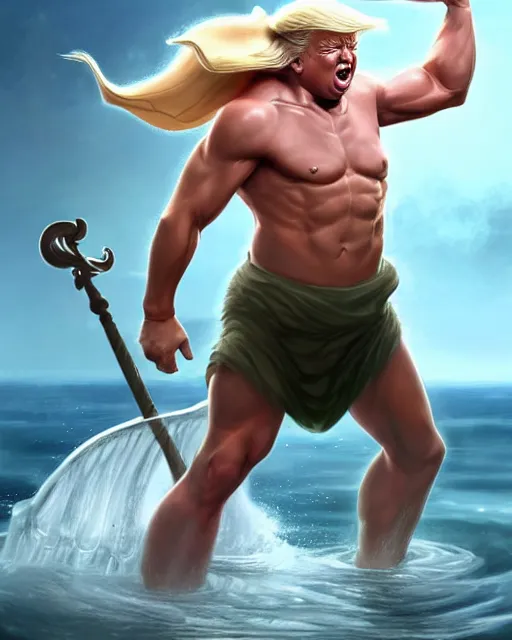 Image similar to character concept art of donald trump as poseidon in a dynamic pose | cute - fine face, pretty face, realistic shaded perfect face, fine details by stanley artgerm lau, wlop, rossdraws, james jean, andrei riabovitchev, marc simonetti, and sakimichan, tranding on artstation