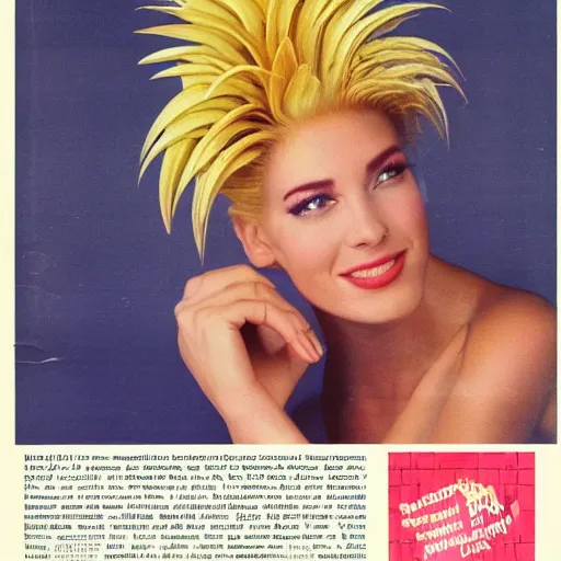 Prompt: 1 9 8 0 s salon advertisement for pineapple hairstyle