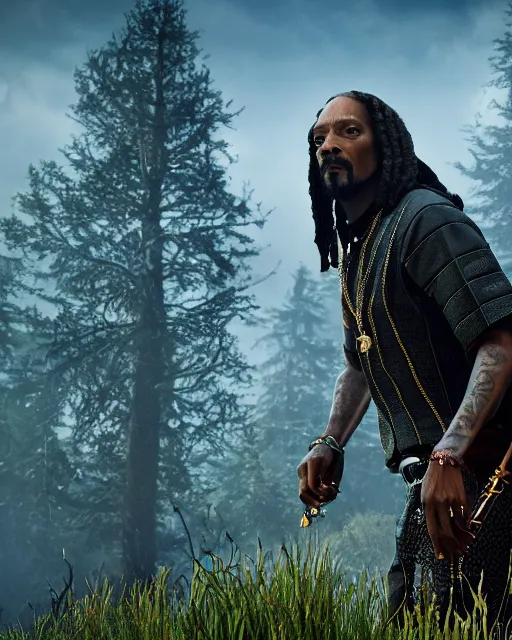 Image similar to Snoop Dogg in the role of Witcher III Gerald of Rivia, film still, amazing short, 8K, IMAX, ultra detailed