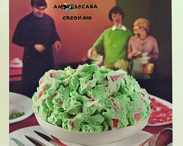 Image similar to 1970's cookbook color photograph of green ambrosia salad whipped cream sharp detail high detail