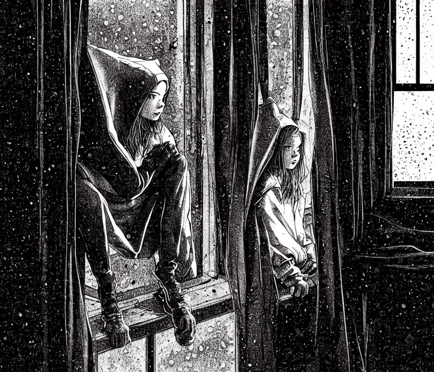 Image similar to sadie sink in hoodie sits on windowsill, knees tucked in | rain falls at night : storyboard, scifi cyberpunk. by gabriel hardman, joe alves, chris bonura. cinematic atmosphere, detailed and intricate, perfect anatomy