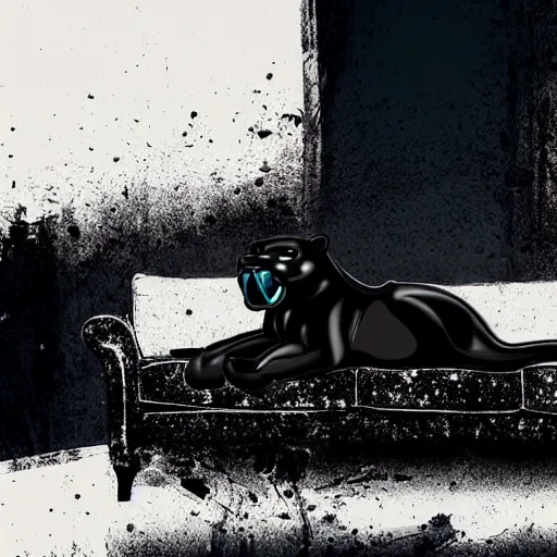 Image similar to a shiny black goo covered panther laying on a tar covered white couch in a living room, dripping and drooling black goo. digital art