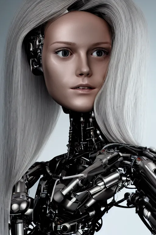 Image similar to robot with human face, female head, full body angle, woman human face, human face realistic, beautiful blonde hair, human head, human head with blonde hair, blonde hair human head, blonde hair, human realistic face, human head skin, cyborg frame concept, cyborg by ales-kotnik, sci-fi android female, the body is made of wires, robotic body, cyborg body, cyborg bust body, robot body cyborg, full body
