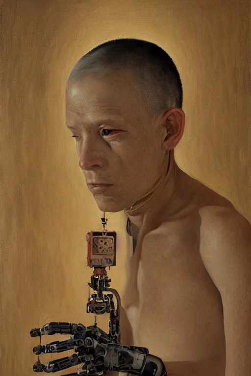 Image similar to robot monk painting a self - portrait on a canvas. intricate, highly detailed, photorealistic, film still, by vdragan bibin.