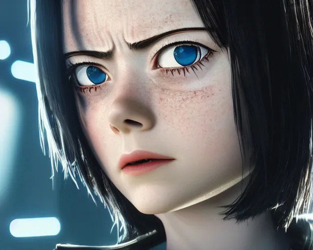 Image similar to a film still from battle angel alita played by actress emma stone, portrait, cinematic lighting, photorealistic, hyperrealistic, highly detailed, photorealistic, high resolution, 4 k