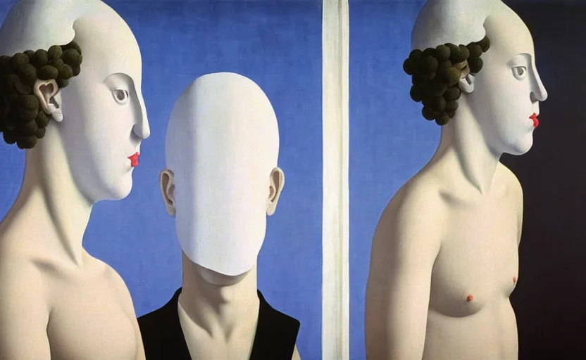 Image similar to the lovers # # white fabric covering heads # # by rene magritte, extremely intricate and detailed 8 k cinematic lighting, hyper realism