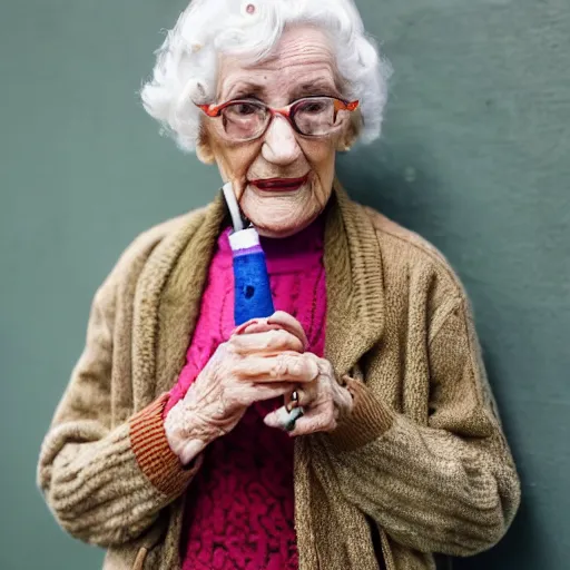 Prompt: an elderly woman dressed colorfully, smoking a pipe