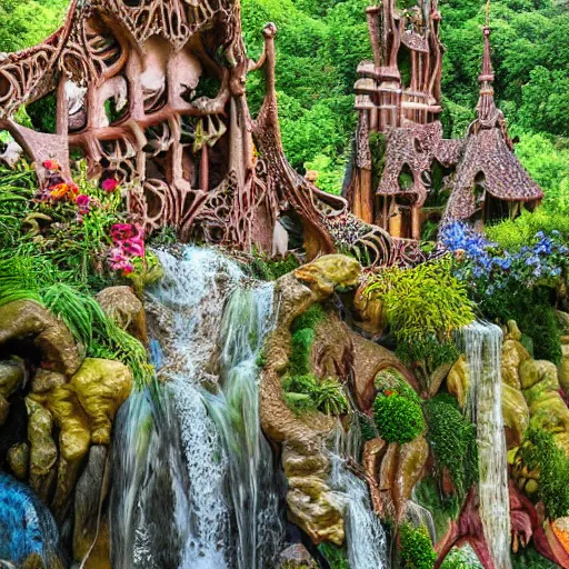 Image similar to valley village, waterfalls, flowers and intricate detailed visionary architecture and gardens by antoni gaudi, john stephens, alex gray