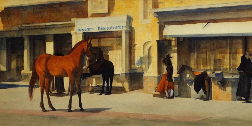 Image similar to a beautiful expressive water colour of a aetherpunk horse by edward hopper in the style of renaissance art, trending on art station