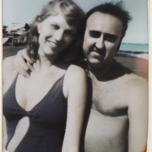 Prompt: found polaroid of my parents at beach, who look exactly like Taylor Swift and Nicolas Cage