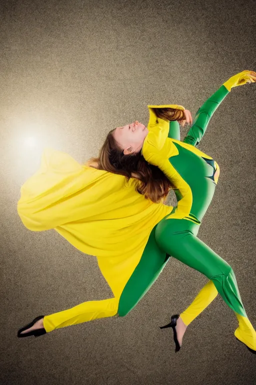 Image similar to beautiful superhero woman flying in the air, green yellow tight costume, cloak, explosion background, canon eos r 6 photo