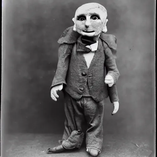 Image similar to ventriloquist figure, photograph, style of atget, old, creepy, smiling