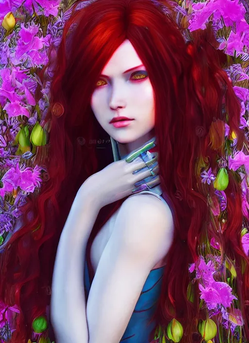 Prompt: Robot girl with red hair game style CYBERPUNK 2077 , a very beautiful portrait, Pre-Raphaelite style , girl enveloped in lily flowers, photorealism