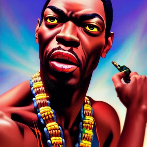 Image similar to fela kuti by clyde caldwell, ilya kuvshinov, rossdraw, very detailed, dramatic colors, 4 k