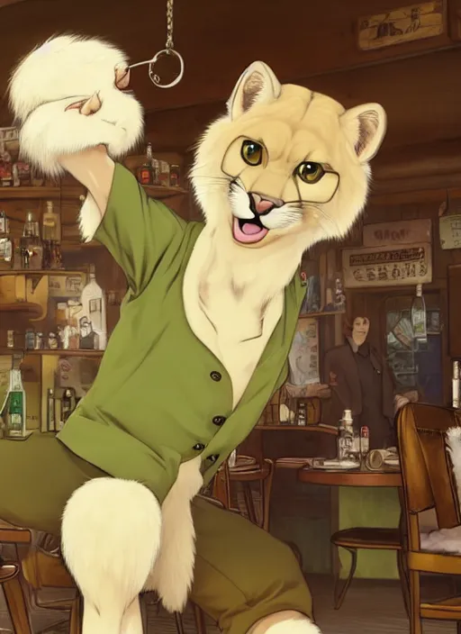 Prompt: character portrait of a anthro furry albino mountain lion wearing a pale-yellow button-down shirt and olive-green slacks at an old-timey saloon. hidari, color page, tankoban, 4K, tone mapping, Akihiko Yoshida.