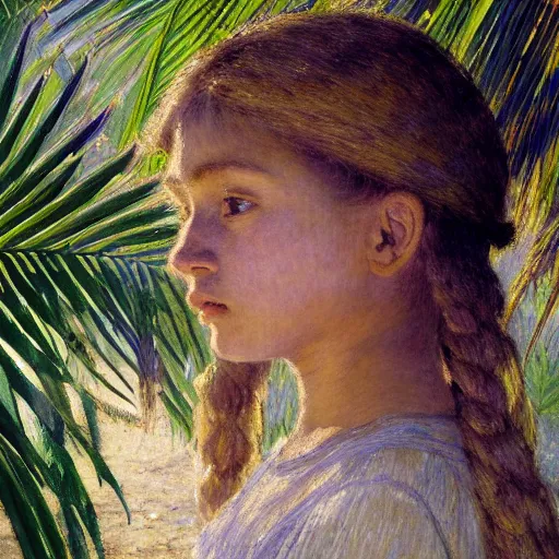 Image similar to a ultradetailed beautiful painting of a girl in the amazonas palace designed by jules bastien - lepage, hans belmer, frank weston and gustave baumann, beach, trending on artstation, mediterranean, palm trees, refracted color sparkles, sharp focus, soft light, 8 k 4 k