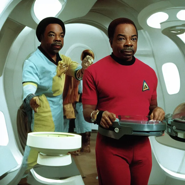 Image similar to levar burton wearing retro visor and frisbees and plastic mixing bowls on his head on the starship enterprise