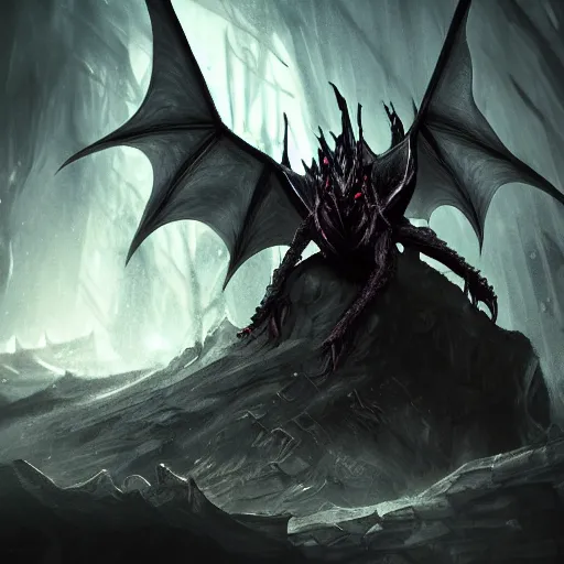 Image similar to dark fantasy concept of a vampire dragon god, with dark matter and molten armor on a mountain, cinematic, dynamic lighting, photorealistic, ultra detailed, trending on art station, stunning visuals, creative, hyper detailed