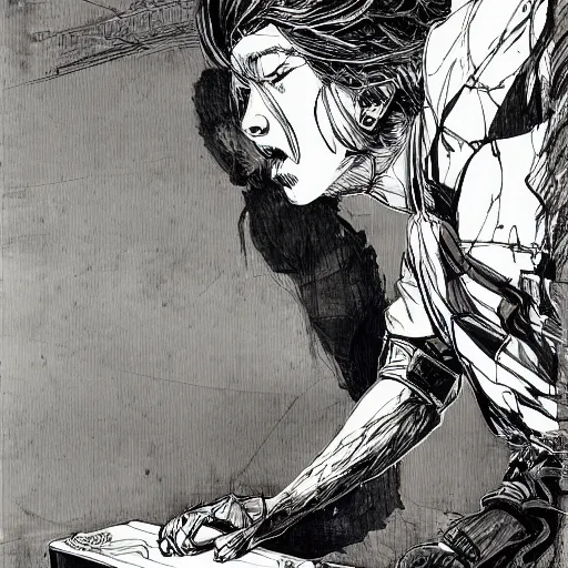 Image similar to frightened child, hiding under a table, concept art, intricate line drawings, pen and ink poster, in the style of yoji shinkawa, moebius comic, marc simonetti, miura