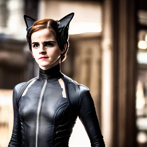 Prompt: Emma Watson as Catwoman, XF IQ4, f/1.4, ISO 200, 1/160s, UHD, Sense of Depth, Depth Layering, AI enhanced, HDR, in-frame