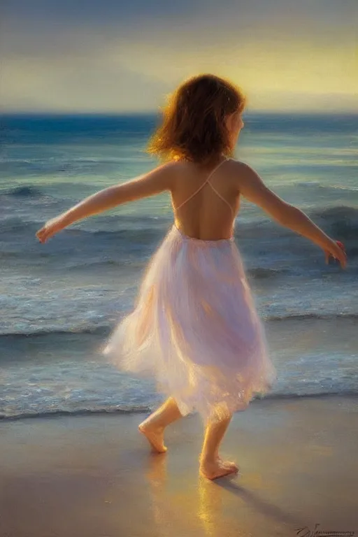 Prompt: a girl dancing on the seashore at sunset, by vicente romero redondo