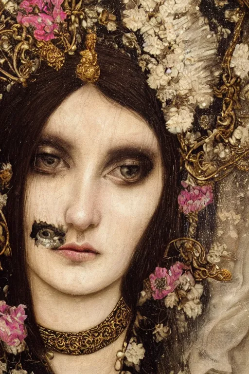 Prompt: hyperrealism close - up mythological portrait of a beautiful medieval woman's shattered face blended with black flowers in style of classicism mixed with old painting, gold chains around the neck, pale skin, ivory make up on the eyes, wearing black silk robe, dark and dull palette