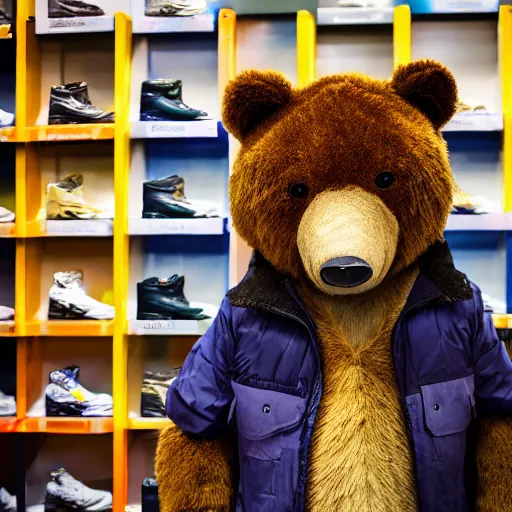 Prompt: a photograph of a man poorly cosplaying as a bear, he is in a shoe store, he is standing in between long store isles, vivid color, 50mm