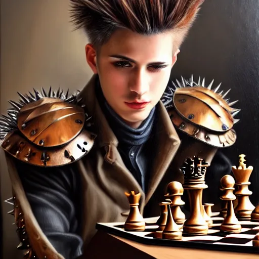 Prompt: man with spiky hair, wearing very complex steampunk armor, playing chess, oil painting, soft style, hyperrealism, beautiful, high resolution, trending on artstation
