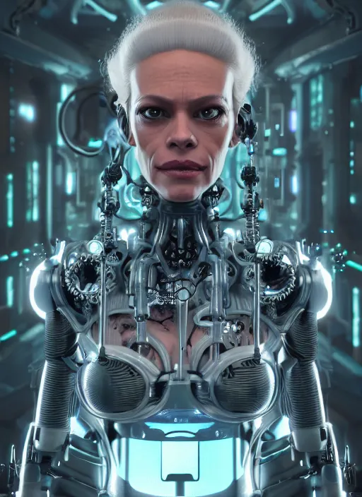 Image similar to 35mm portrait of a 7 of 9 borg with face implants on the background of a weird magical mechanical forest. Round gears visible inside her hear. Very detailed 8k. Fantasy cyberpunk horror. Sharp. Unreal 5 render with nanite, global illumination and path tracing. Cinematic post-processing