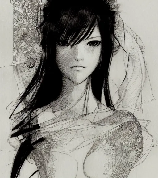 Prompt: portrait of anime woman, pen and ink, intricate line drawings, by craig mullins, claire wendling, kentaro miura, greg rutkowski, loundraw