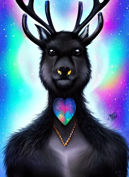 Image similar to award winning beautiful portrait commission of a male furry anthro Black Reindeer fursona with a tail, wings, wings, wings and a cute beautiful attractive detailed furry face wearing stylish black and rainbow galaxy clothes, outline, in a city at night while it rains. Character design by charlie bowater, ross tran, artgerm, and makoto shinkai, detailed, inked, western comic book art