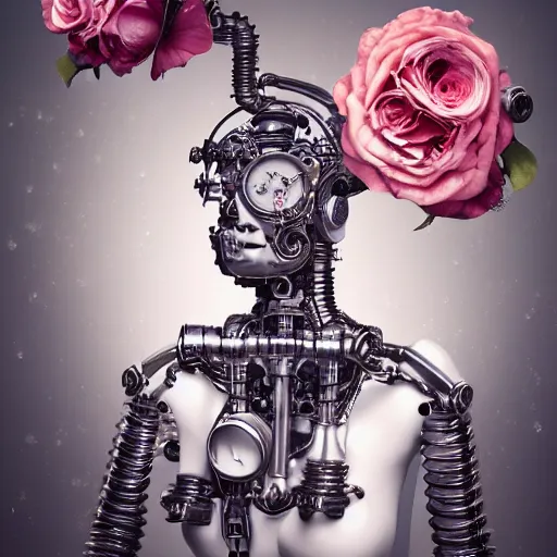 Image similar to a beautiful intricate fine art portrait photo of a a mechanical industrial steampunk cybernetic robot taking a milk bath surrounded by roses, by tom bagshaw and zach sutton, perfection!, milk bath photography, studio lighting, 35mm lens, very detailed, bionic, cybernetic scifi, deep depth of field, artstation, 8K, highly coherent