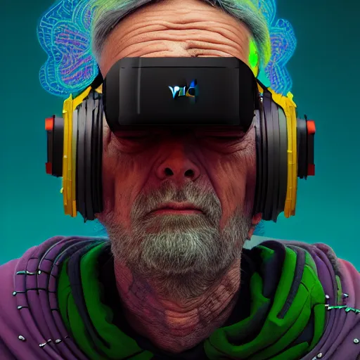 Image similar to Colour Photography of 1000 years old man with highly detailed 1000 years old face wearing higly detailed cyberpunk VR Headset designed by Josan Gonzalez . in style of Josan Gonzalez and Johannes Vermeer and Mike Winkelmann. Rendered in Blender