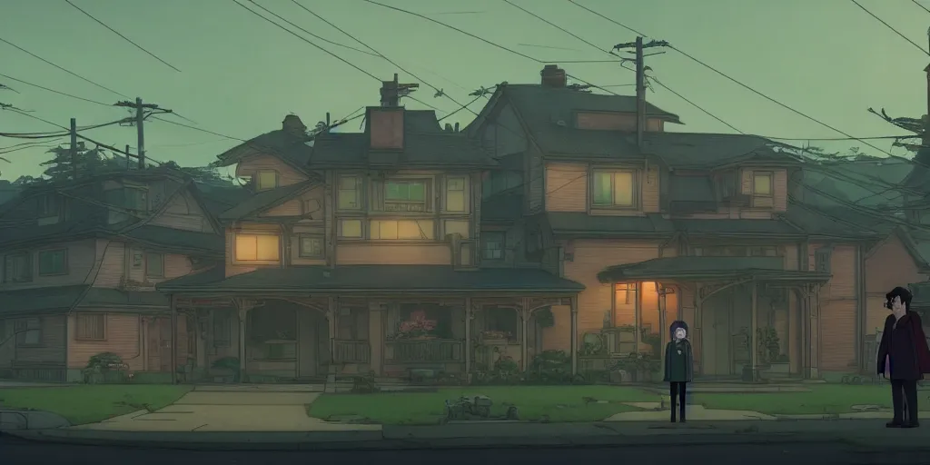 Prompt: twilight lighting, moody, atmospheric, solarpunk, peter griffin from family guy's house, by ghibli studio and victor ngai, ghost in the shell, akira, pixar highly detailed, 8 k h 5 7 6