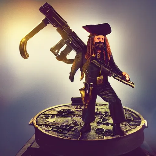 Image similar to a pirate holding a machine gun standing on top of a space ship