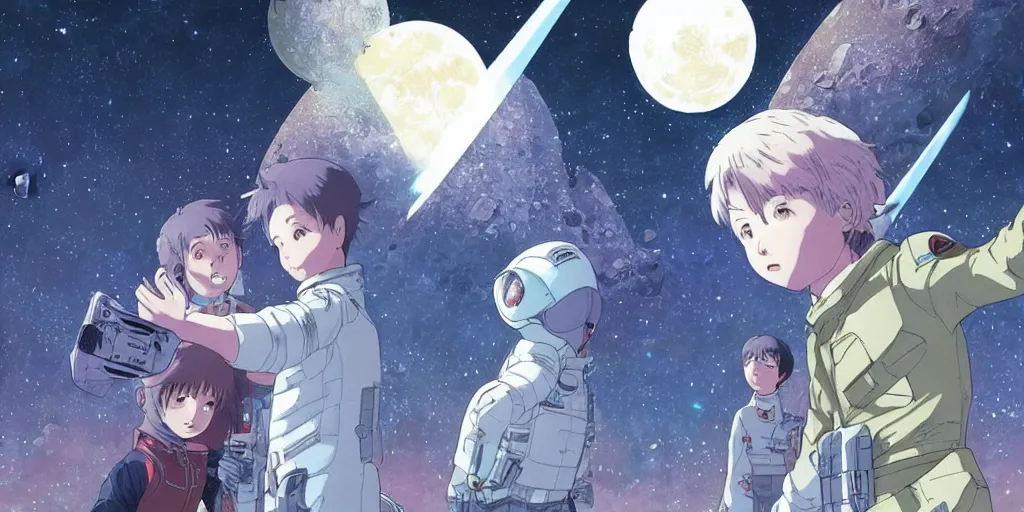 Image similar to war between a planet and it's moon, protection shield, art by makoto shinkai and alan bean, yukito kishiro