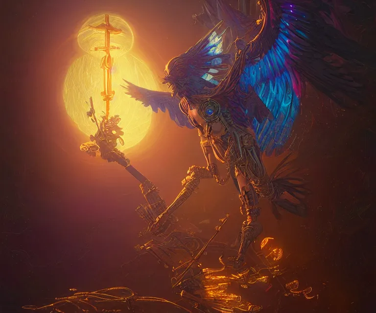 Image similar to a beautiful tarot card artwork of a cyberpunk seraphim in nature, backlit, highly detailed, golden hour, digital painting, by eddie mendoza and greg rutkowski and dan mumford and artgerm, vivid colors, masterpiece, detailed shading, 8 k resolution, intricate, smooth