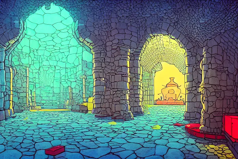 Prompt: ONE POINT PERSPECTIVE DUNGEON thunder ROOM, painted by Edward Gorey and Moebius and Greg Rutkowski and Paul Wenzel and George Barr and Stephen Youll,trending on artstation, iridescent cool blue and cyan and red and blue and yellow and green lighting front view futuresynth , outrun , vibrant colors, Sabattier filter , Watercolor