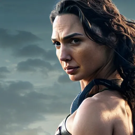 Image similar to an potrait of gal gadot play Man of Steel replacing Henry Cavill, photorealistic, high detail, view from middle, testing custom, 4k