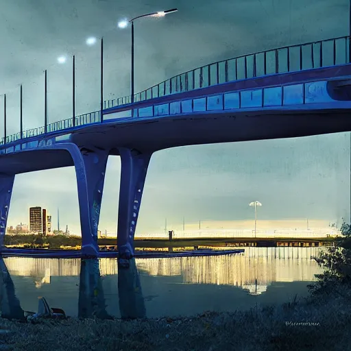 Image similar to futuristic provencher bridge in winnipeg manitoba, victor einrich, gregory crewdson, ian mcque, liam wong, simon stalenhag,