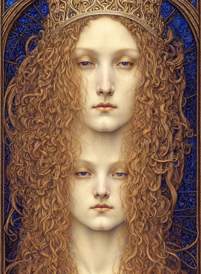 Image similar to detailed realistic beautiful young medieval queen face portrait by jean delville, gustave dore and marco mazzoni, art nouveau, symbolist, visionary, gothic, pre - raphaelite. horizontal symmetry