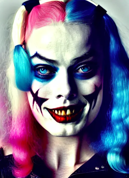 Prompt: 2 8 mm side portrait of beautiful suicide squad happy margot robbie with long white hair that looks like harley quinn, gotham city double exposure, angry frown, glamour pose, watercolor, style by simon bisley, jim lee, annie leibowitz