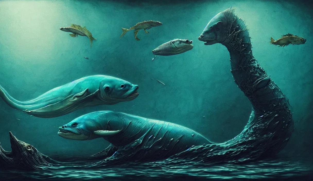 Prompt: epic professional digital art of hungry eyes, ambient teal light, painted, mysterious, closeup cinematic aquatic animal scene, eerie, mythic, detailed, intricate, grand, leesha hannigan, wayne haag, reyna rochin, ignacio fernandez rios, mark ryden, van herpen, artstation, cgsociety, epic, stunning, gorgeous, wow wow detail