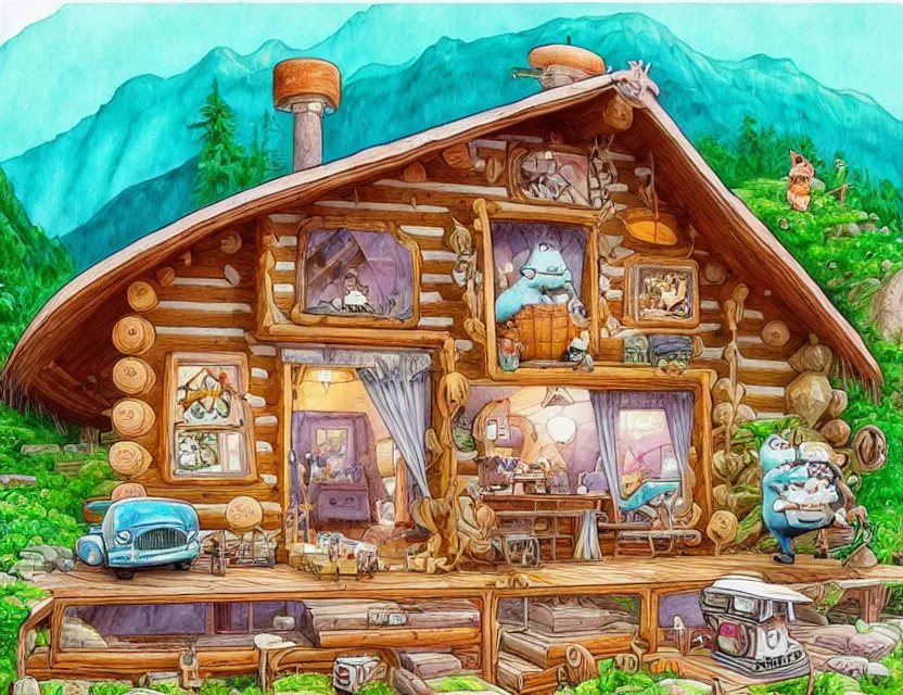 Image similar to cute and funny, a beautiful cozy cabin carved into a mountain, view of the ocean beneath, ratfink style by ed roth, centered award winning watercolor pen illustration, isometric illustration by chihiro iwasaki, edited by range murata, tiny details by artgerm and watercolor girl, sharply focused